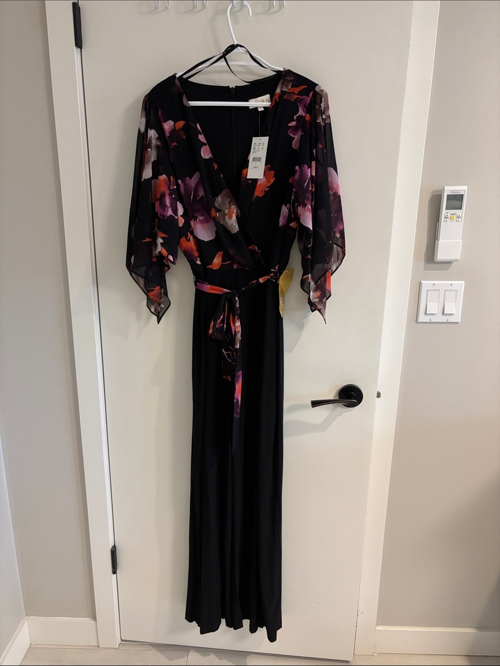 Black Floral Wrap Jumpsuit with Sheer Sleeves